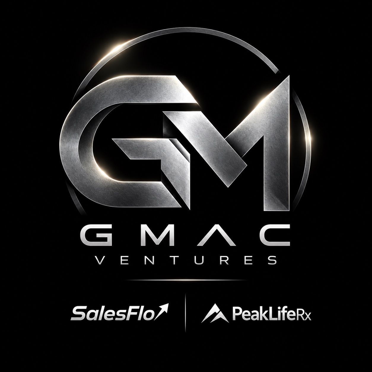 GMac Ventures silver GM emblem with SalesFlo and PeakLifeRx